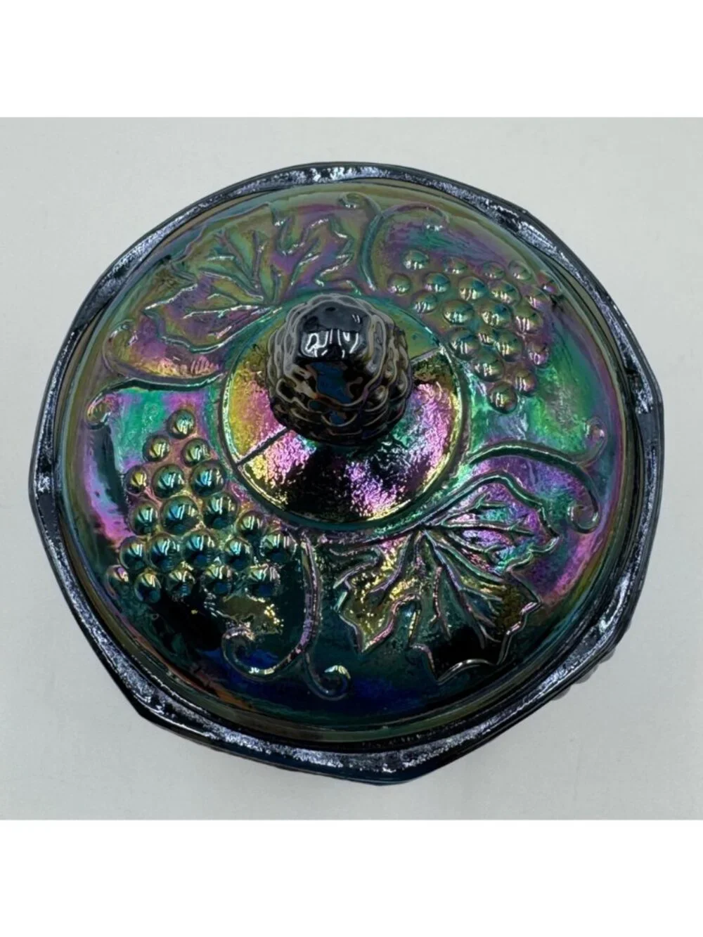 Vintage Carnival Glass Covered Candy Jar Grape & Leaf Design Pinecone Lid